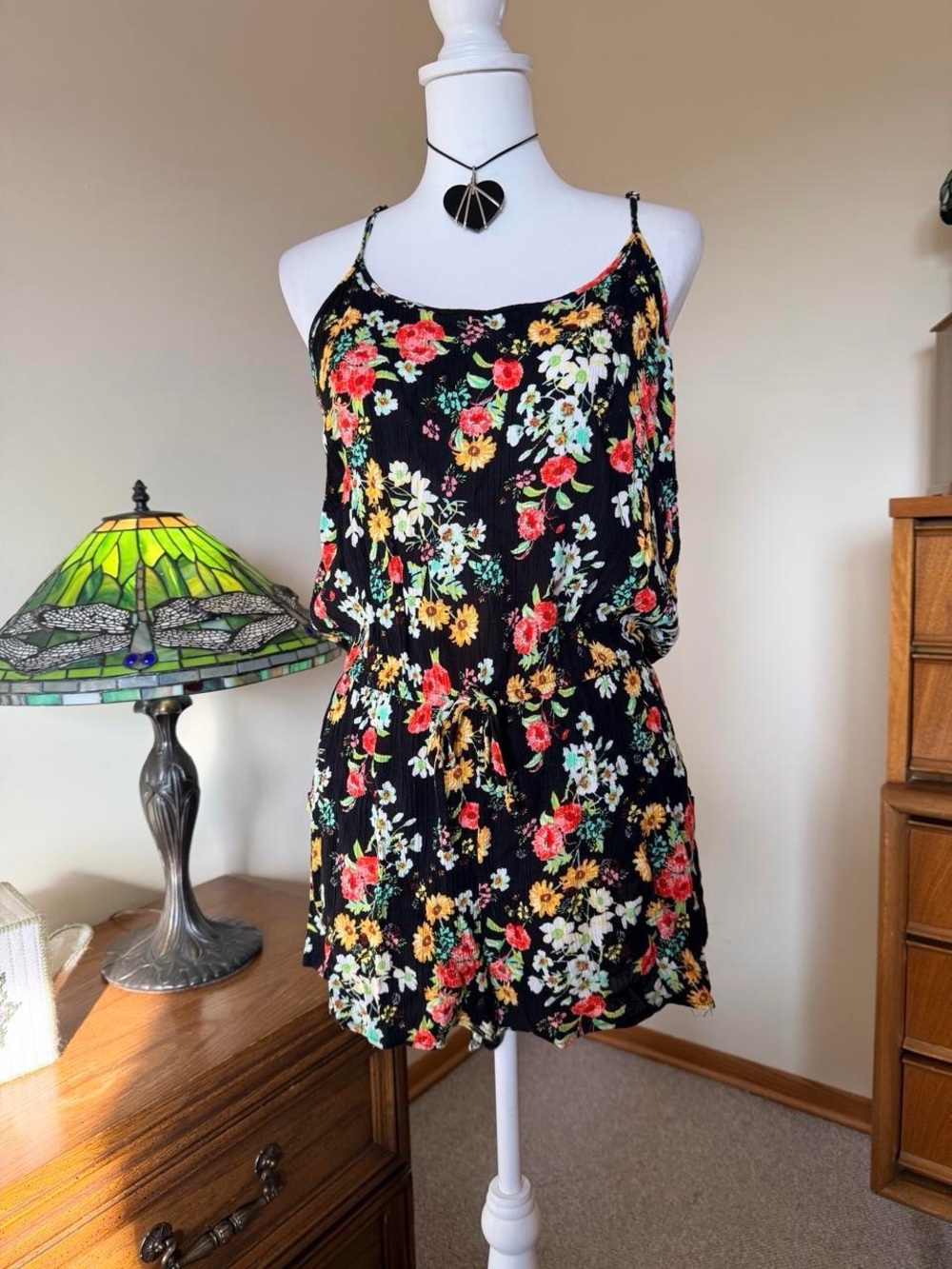 Ambiance Black Floral Spaghetti-Strap Romper Dress